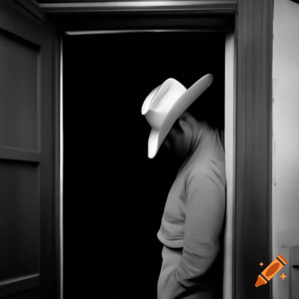 Man in cowboy hat standing in door opening, back view