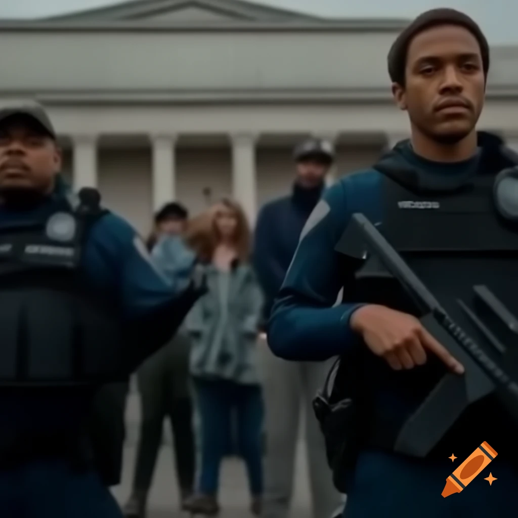 Two observers watching a group of gang members in front of a museum at night