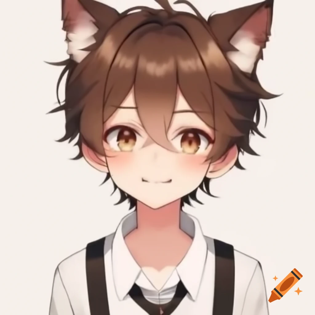 Anime boy with brown hair, dog ears and tail, dressed in white shirt, black shorts, and bowtie