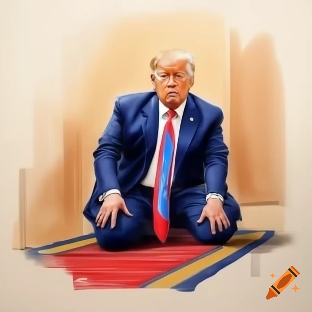 Courtroom sketch depicting kneeling figure worshipping