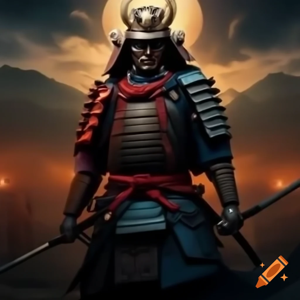 Samurai warrior in celestial armor on pilgrimage against crimson horizon