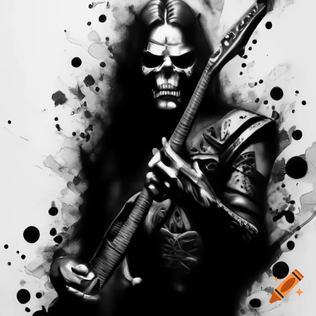 Creepy death metal guitarist playing a solo in dynamic pose, black and white illustration