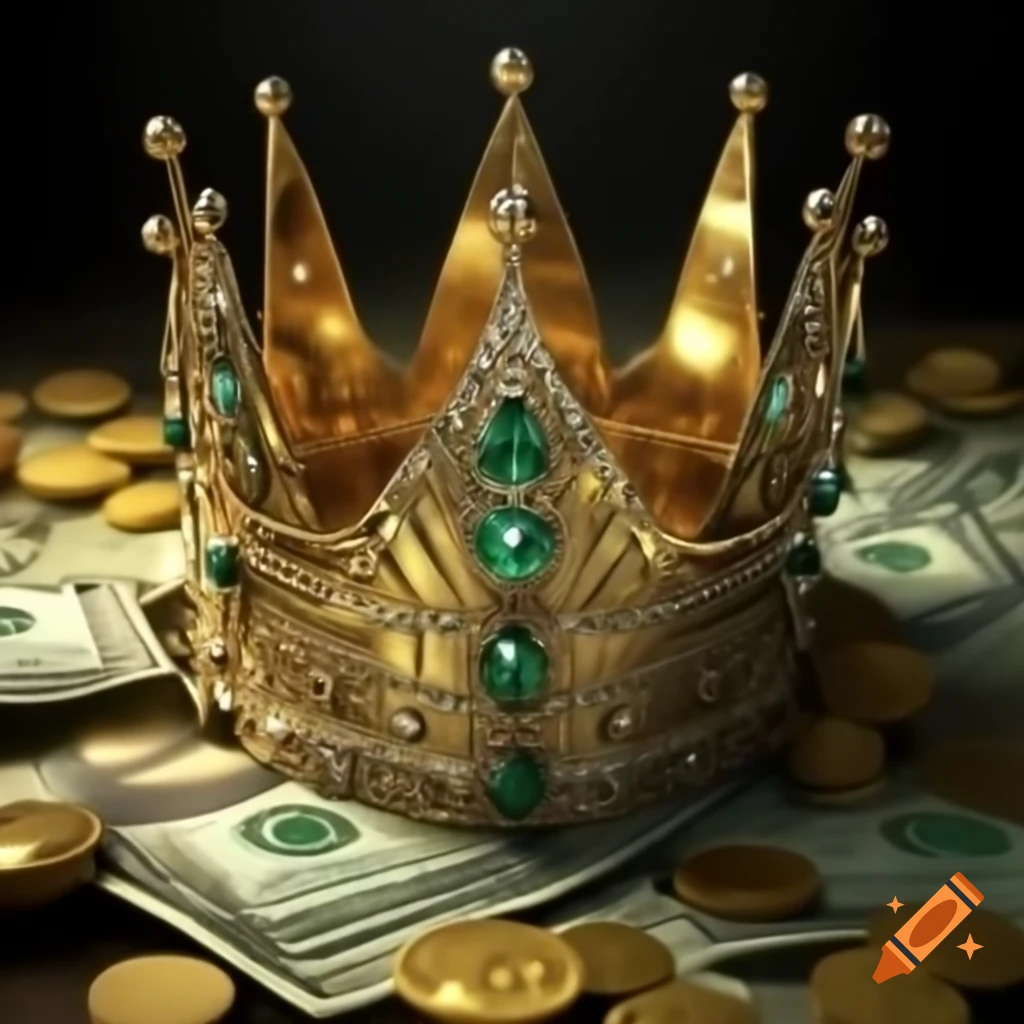 Shiny golden crown with gems surrounded by piles of money and coins