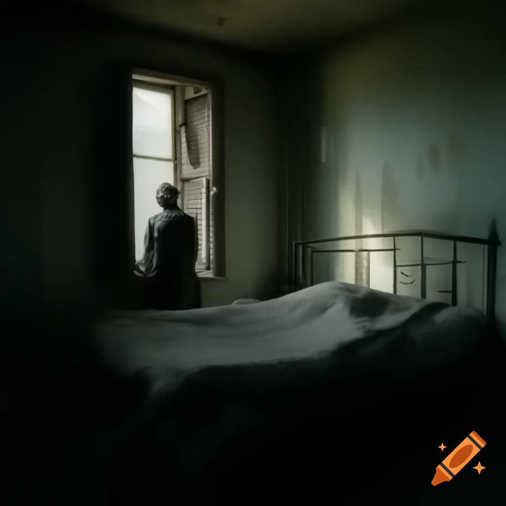 Solitary figure in melancholic setting of dilapidated hotel room, dim lighting