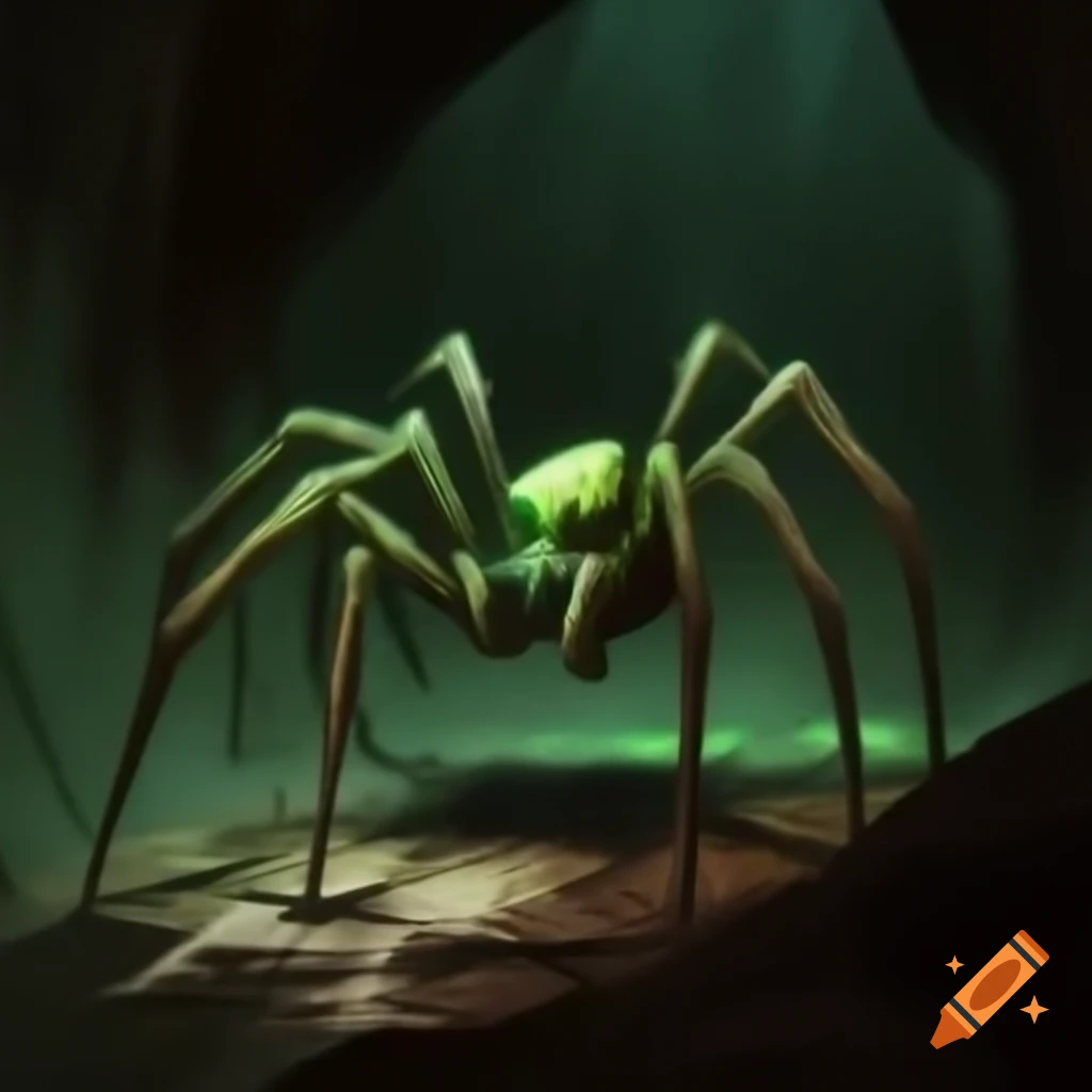 Green spider in a dark cave with a menacing appearance