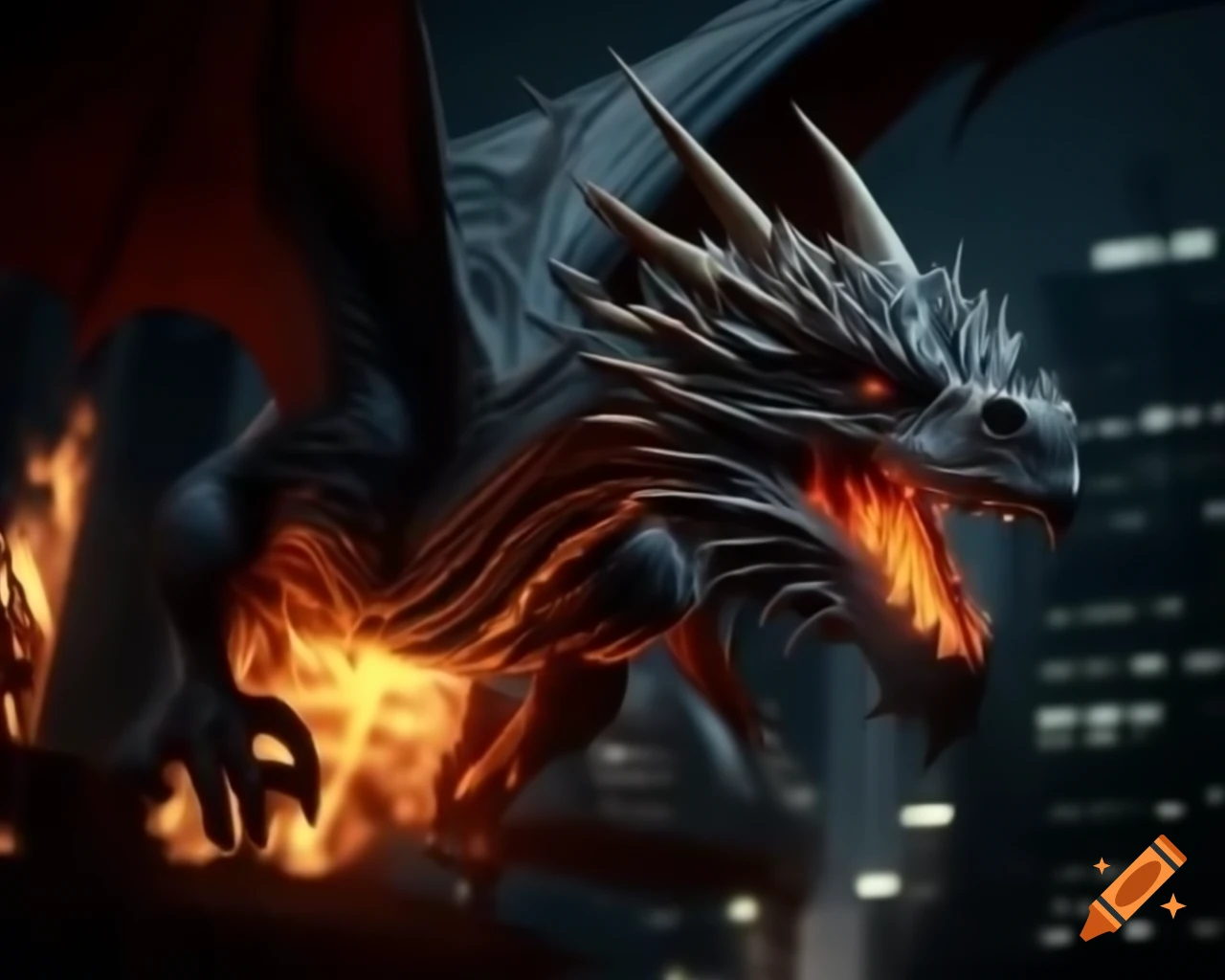 Realistic dragon flying over modern city at night, breathing fire