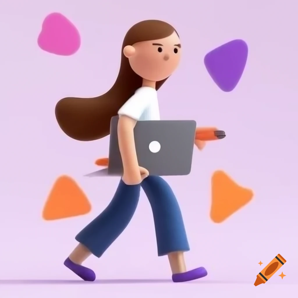 Smiling determined woman with laptop and pencil walking confidently