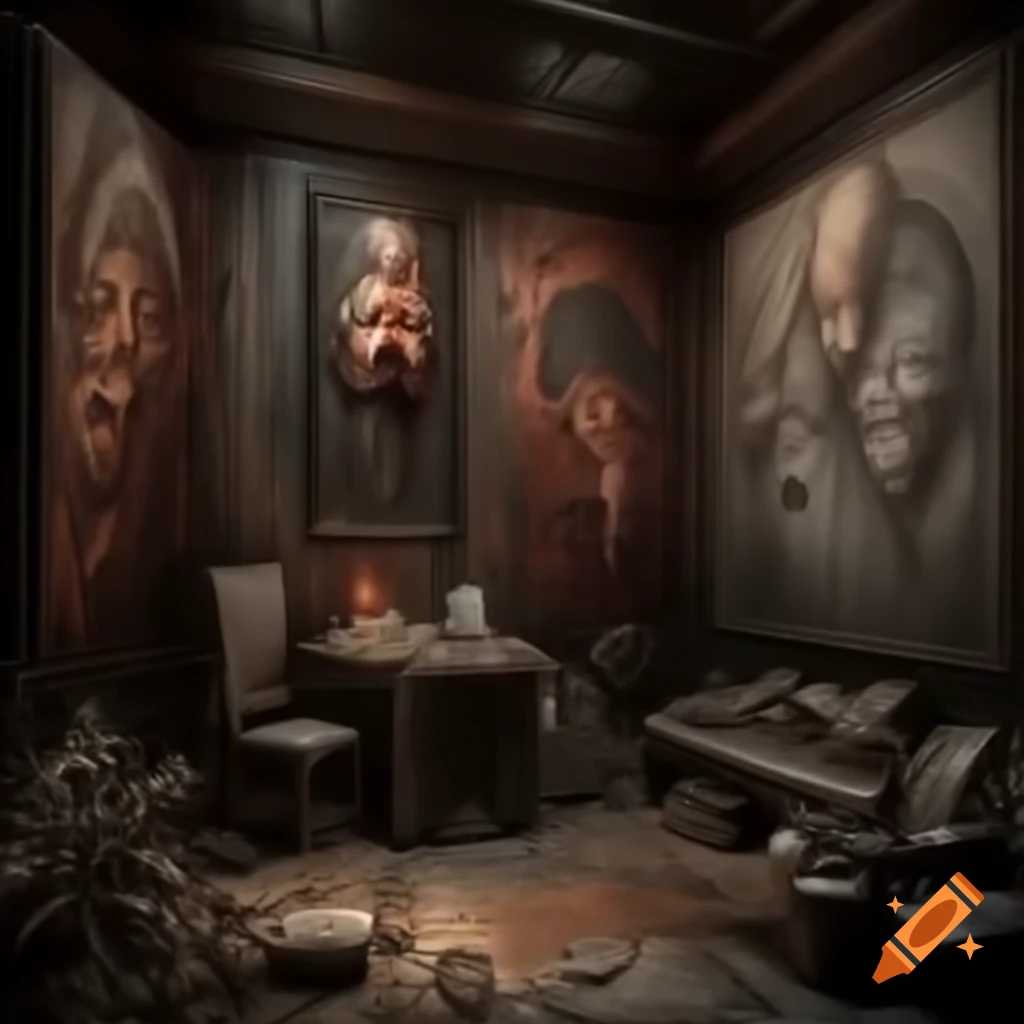 Scary house interior with large room featuring demonic drawings on the walls