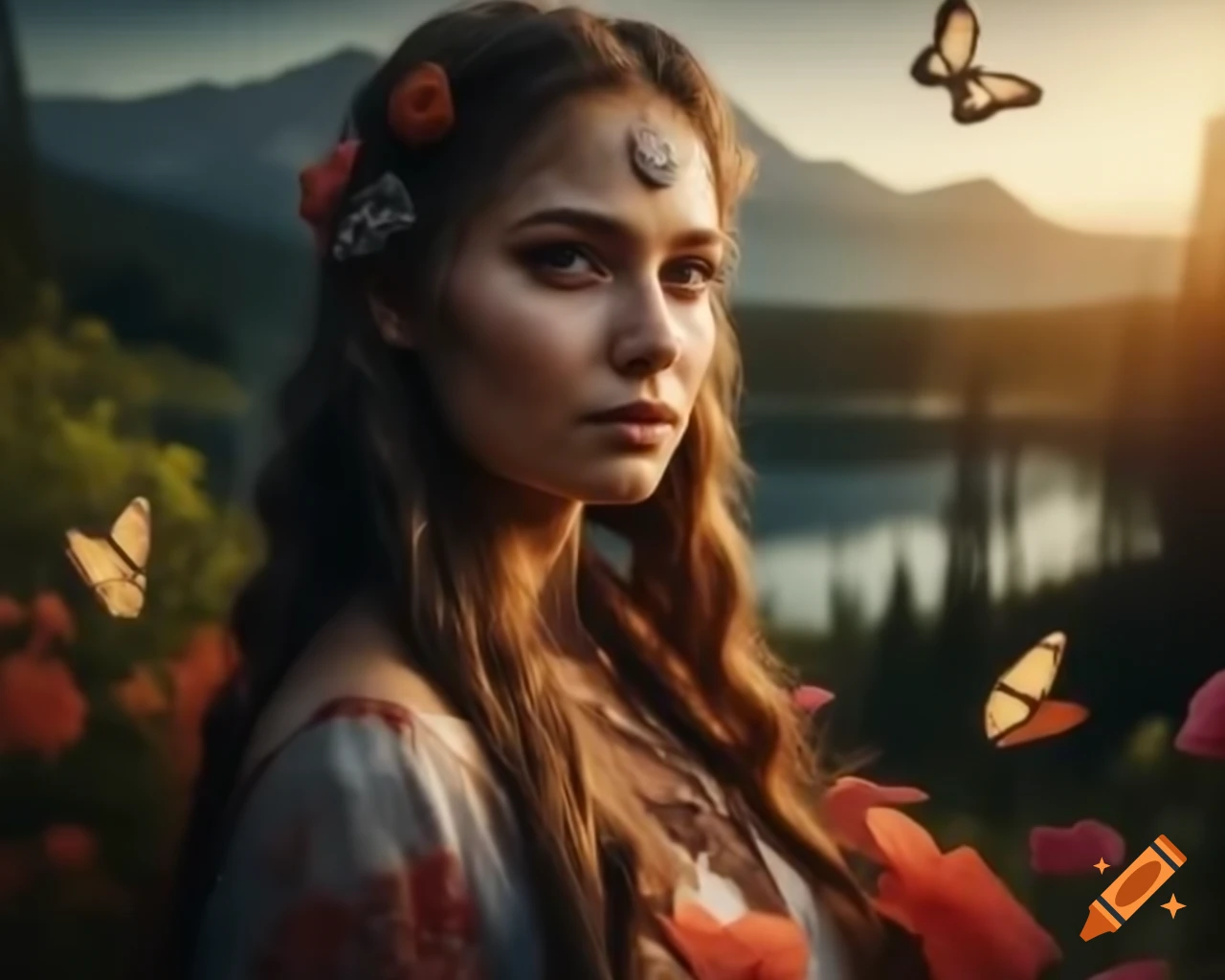 Hyperrealistic portrait of Slavic woman with flowers and butterflies in hair