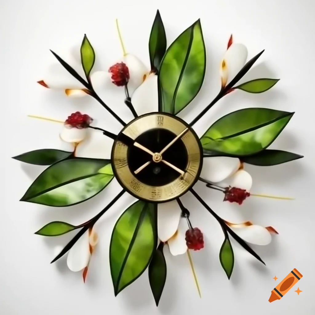 Stained glass clock design with abstract flowers and leaves