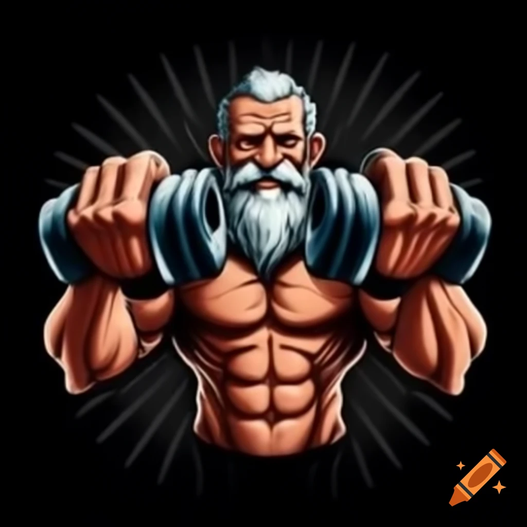 Muscular old man lifting dumbbells with a fighter attitude in illustrative style