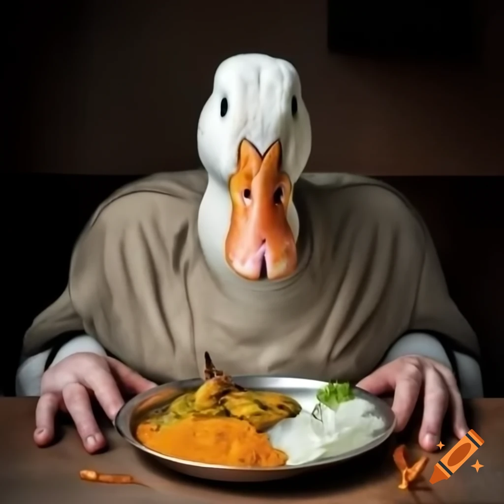 Bald middle-aged duck man enjoying Indian food with shifty eyes