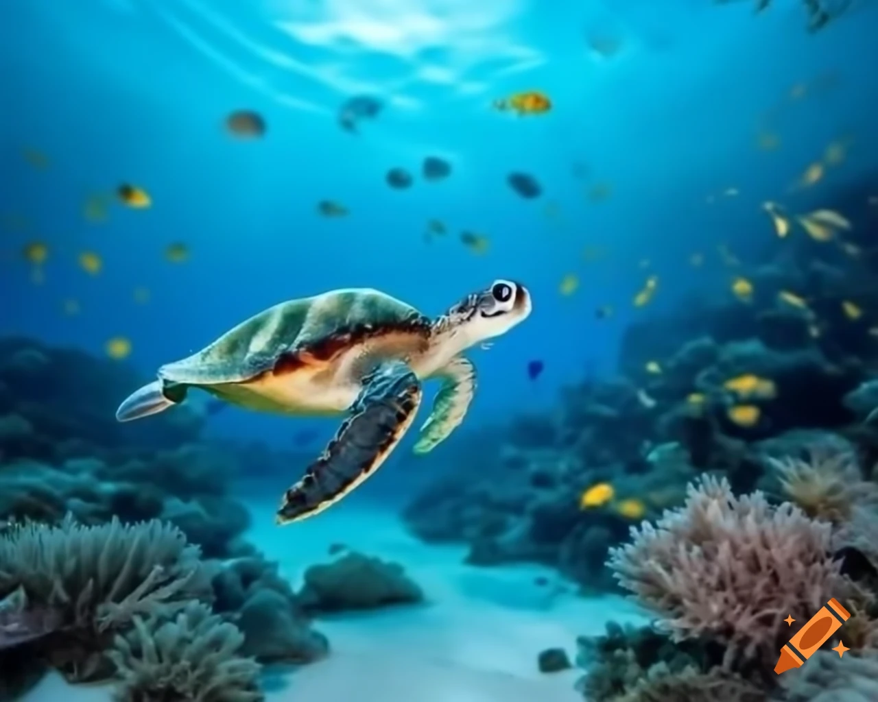 Underwater scene with coral reefs, colorful fish, and sea turtle swimming through blue water