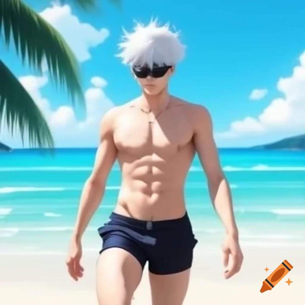 Satoru Gojo character on beach in swimsuit