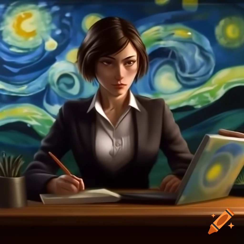 Woman professor teaching sustainable development in Van Gogh style