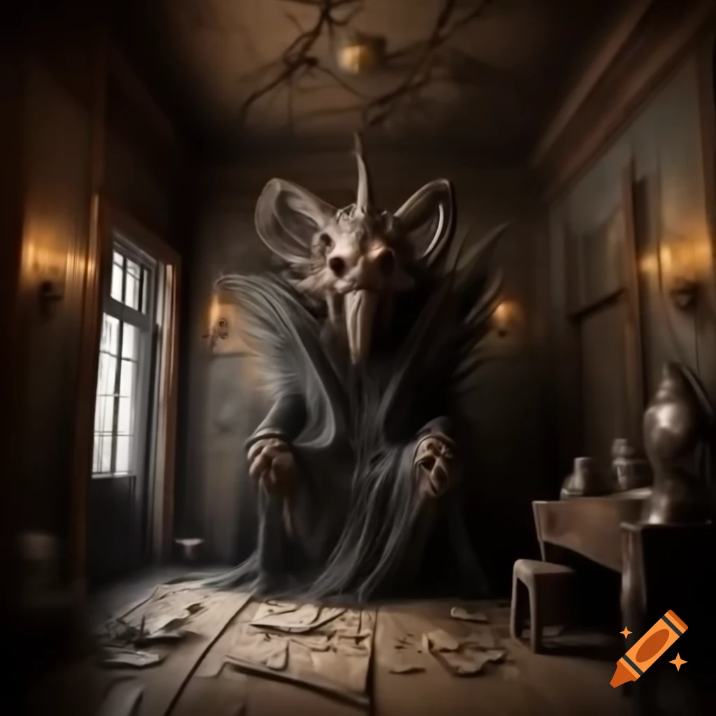 Realistic depiction of a large room in a scary house with demonic drawings on the walls