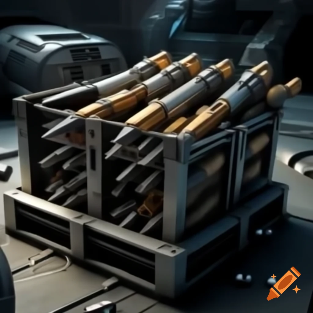 Futuristic weapons crate overflowing with munitions in damaged spaceship interior