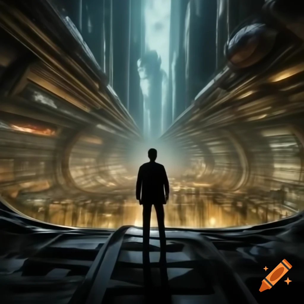 Man observing advanced underground city
