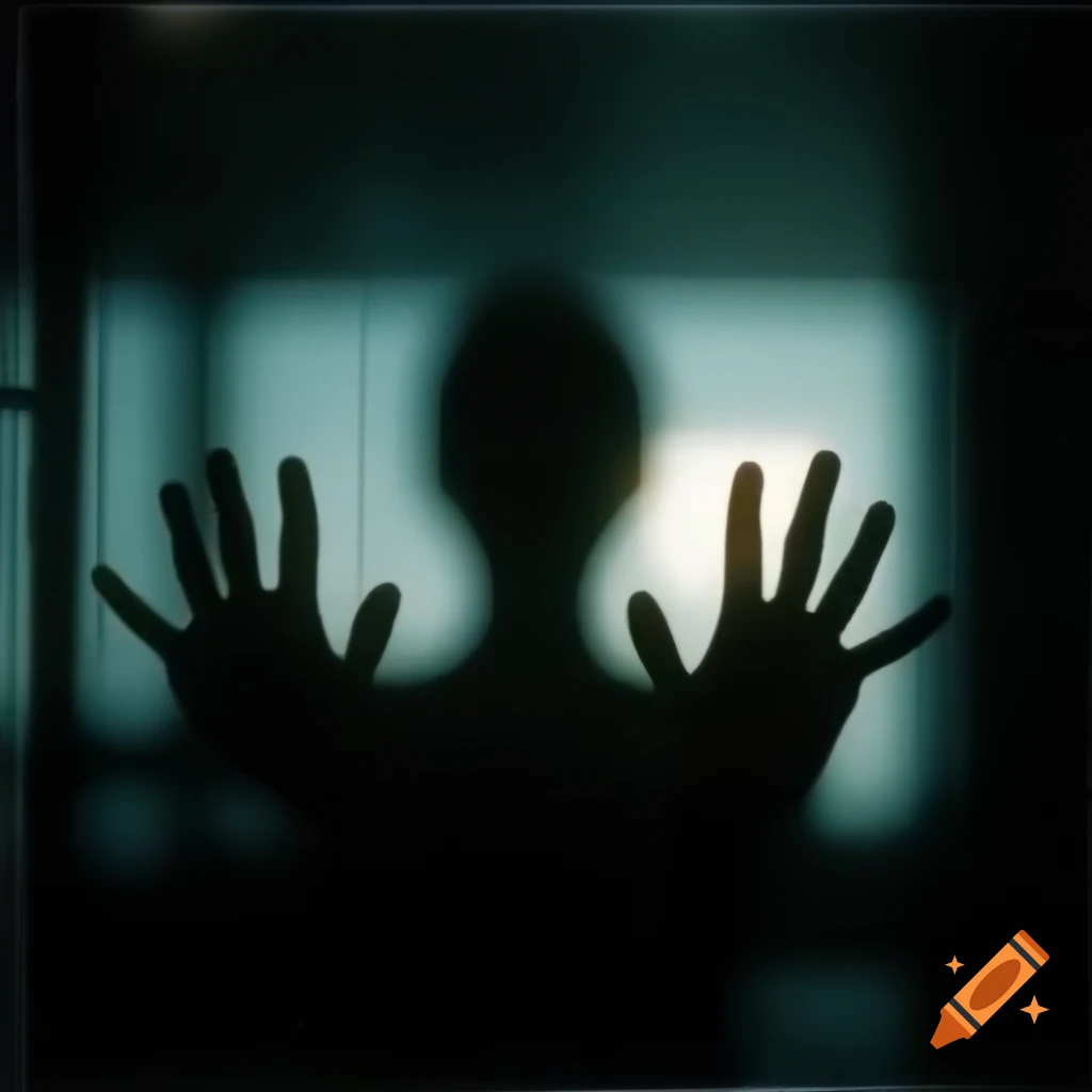 Blurred silhouette with hands on glass, indistinct features