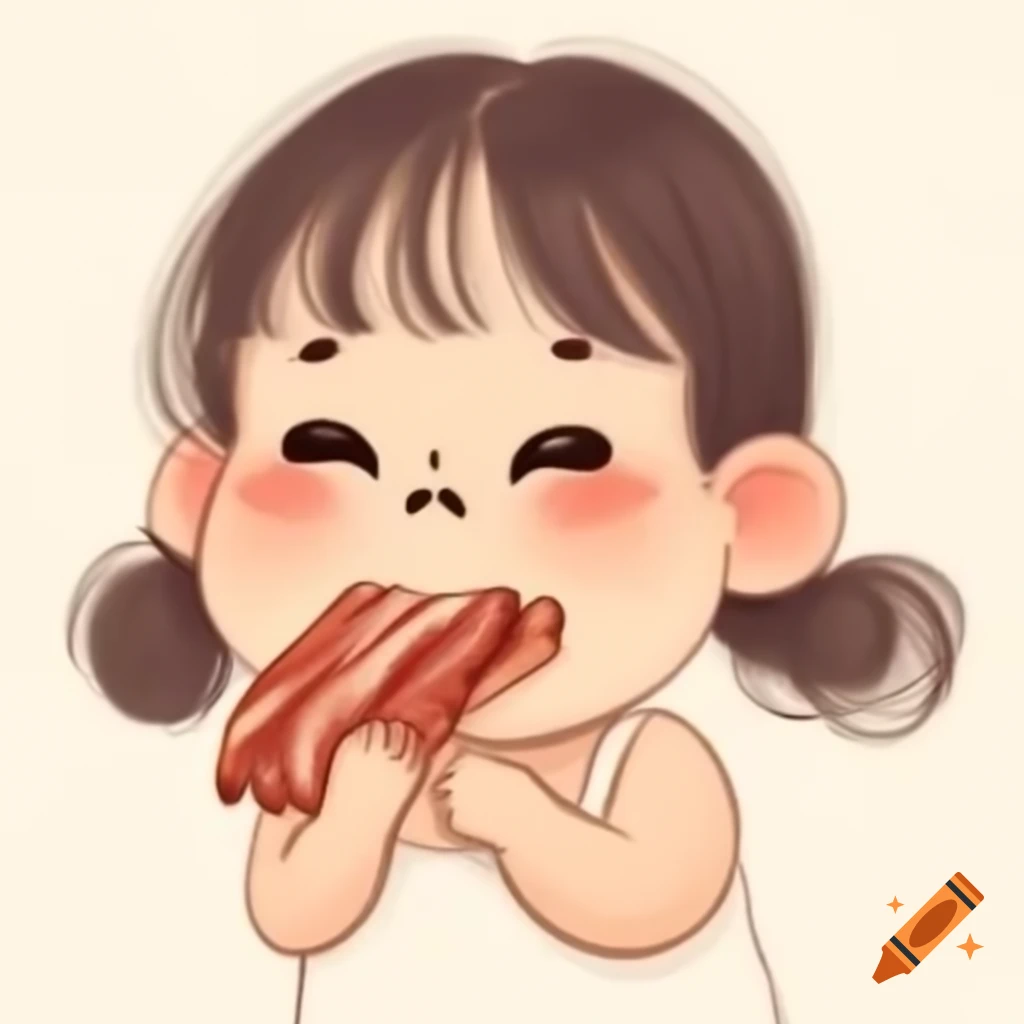 Cute girl with chubby cheeks enjoying bacon