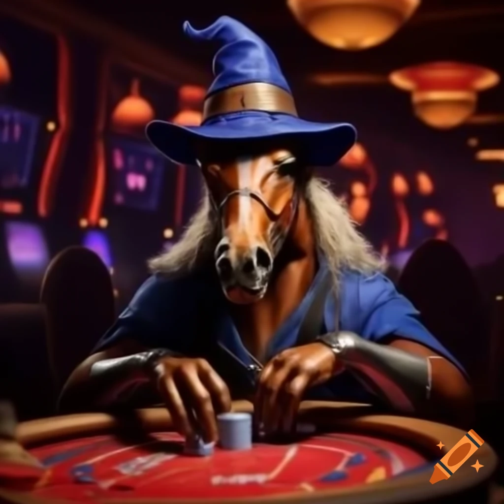 Horse wearing wizard hat inside casino