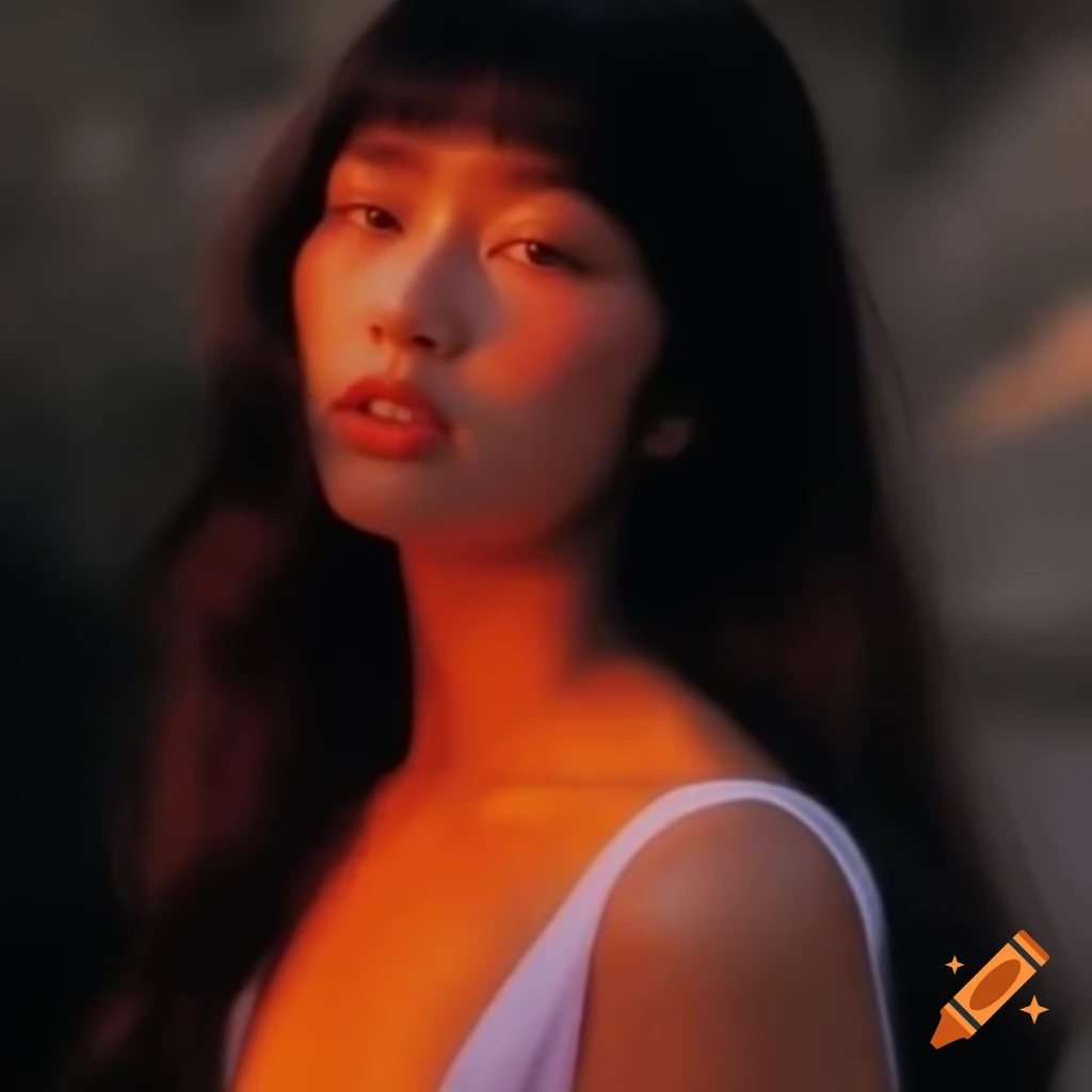 Hyper-realistic photograph of charming Asian woman with 1980s hairstyle