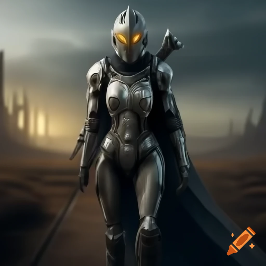Futuristic knight standing in a wasteland