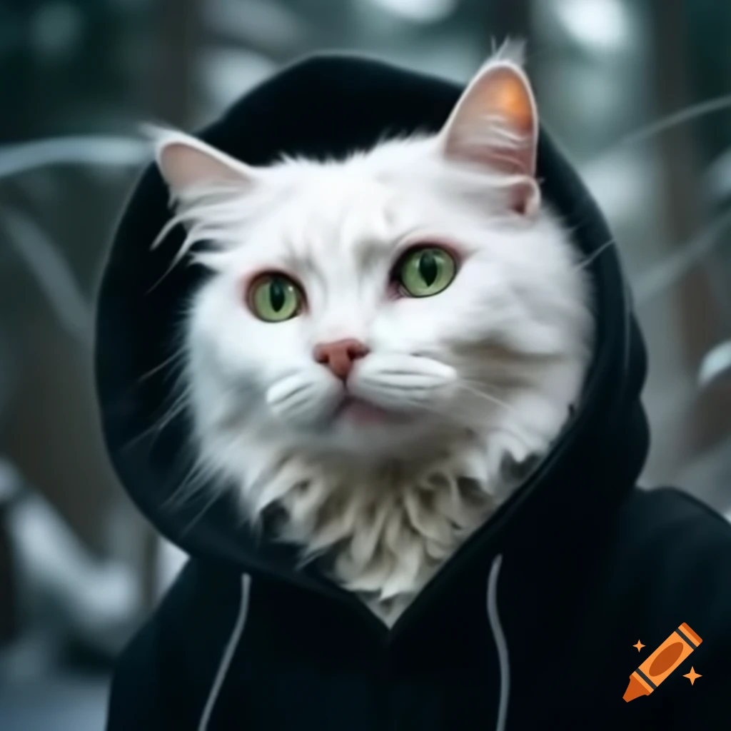 White Norwegian forest cat with green eyes in black hoodie
