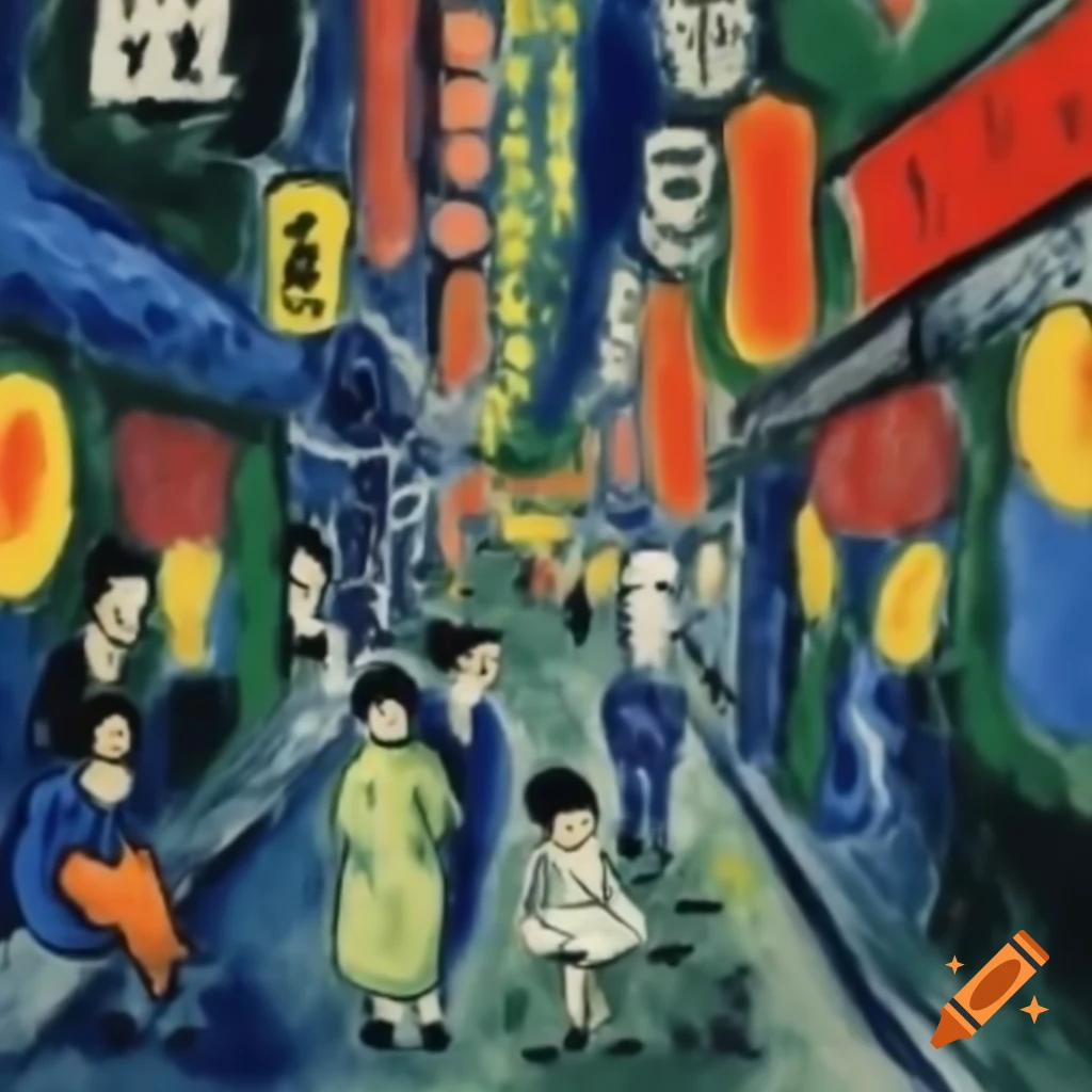 Sad events in Shinjuku Kabukicho illustrated in Marc Chagall's style