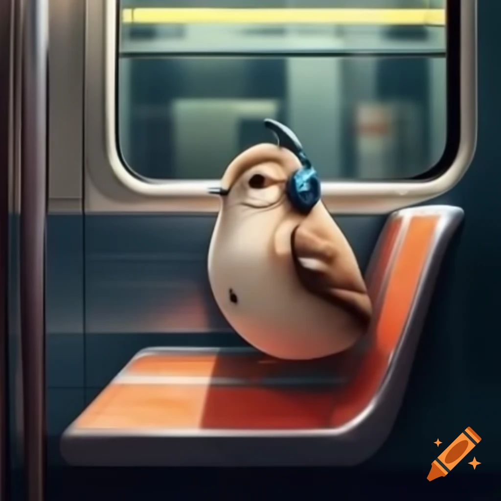 Cute sparrow bird with headphones in subway, looking out the window