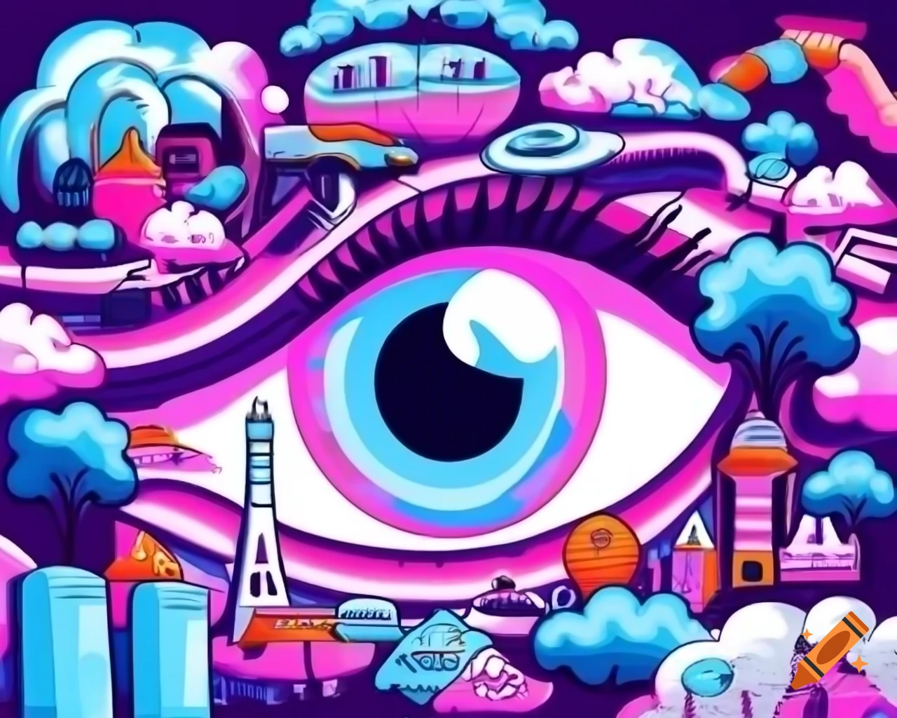 Surreal illustration of a large robotic eye with a big city in the background