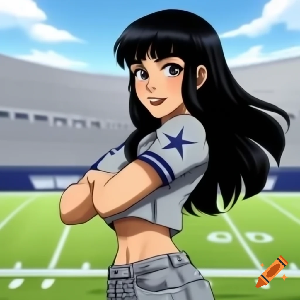 Anime latina woman with black hair in gray bandana and Dallas Cowboys jersey on football field