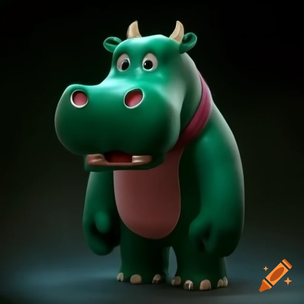 Whimsical dark green hippo mascot radiating energetic cheer