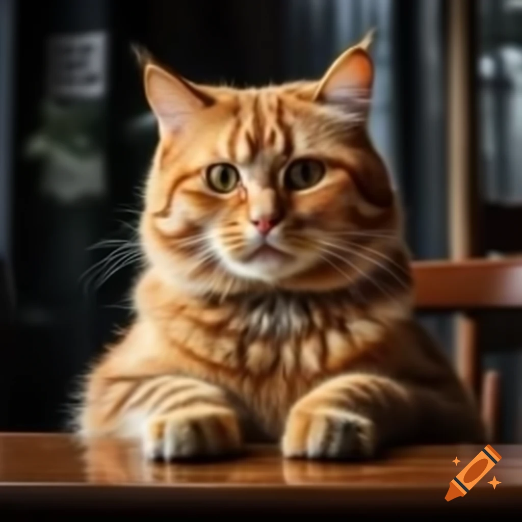 Realistic orange cat smiling on a table