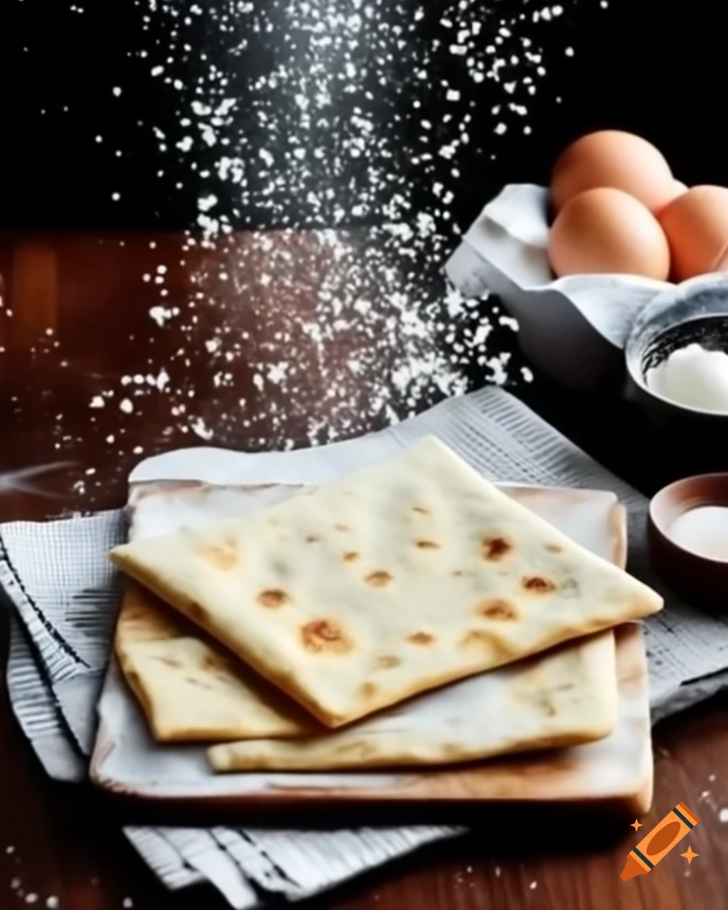 Raw flatbread on table with flour and eggs