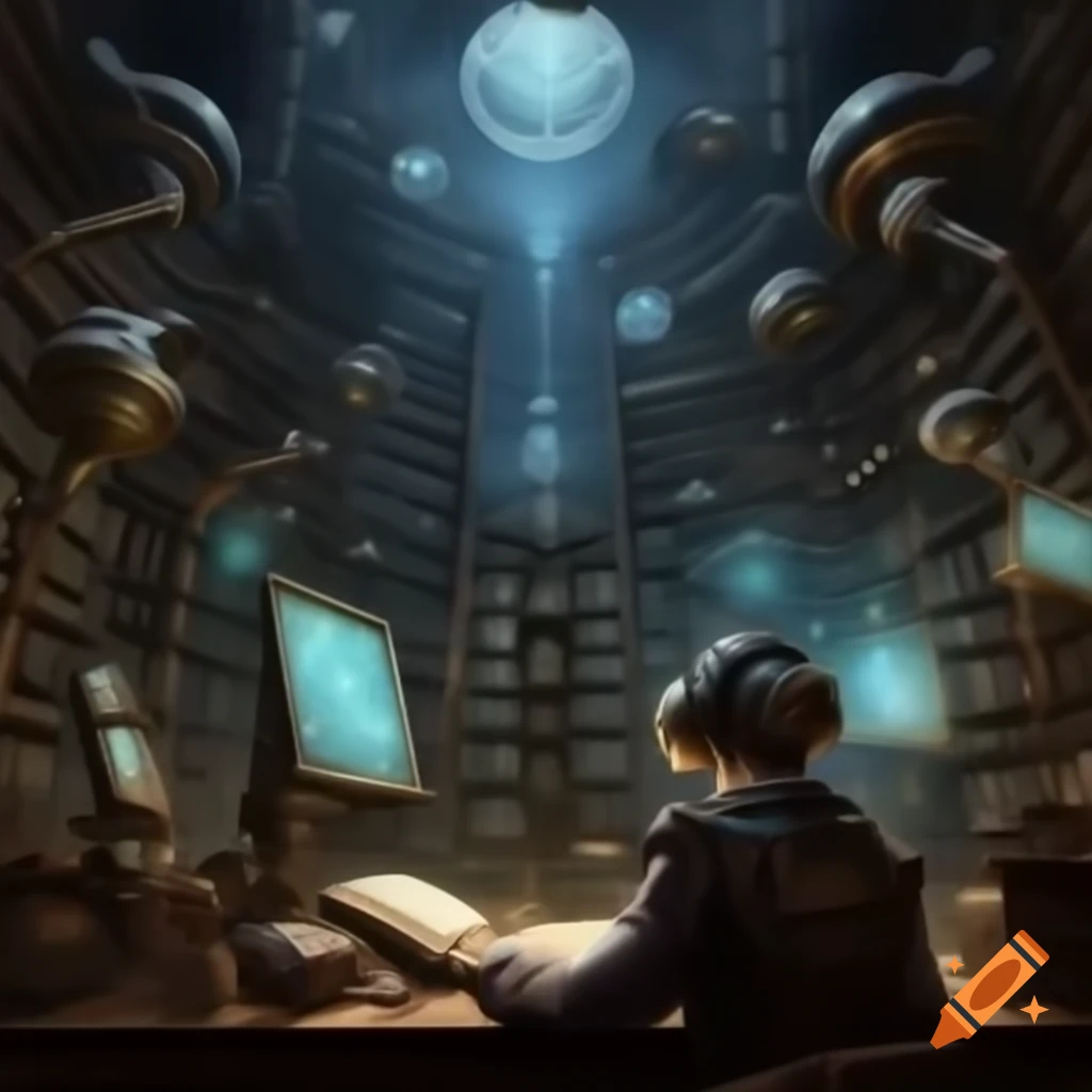 Grand steampunk library with mechanical devices and holographic projections