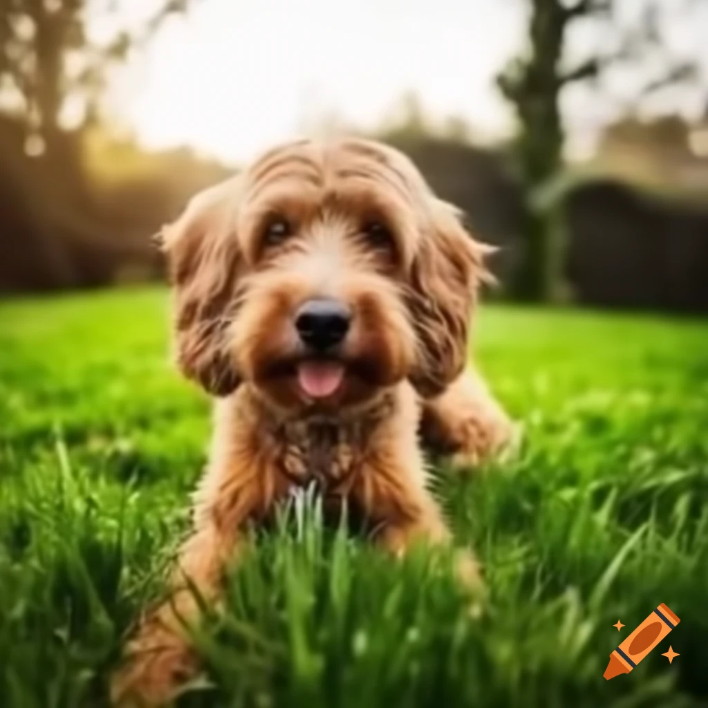 Irish Doodle dog playing in sunny grass during daytime