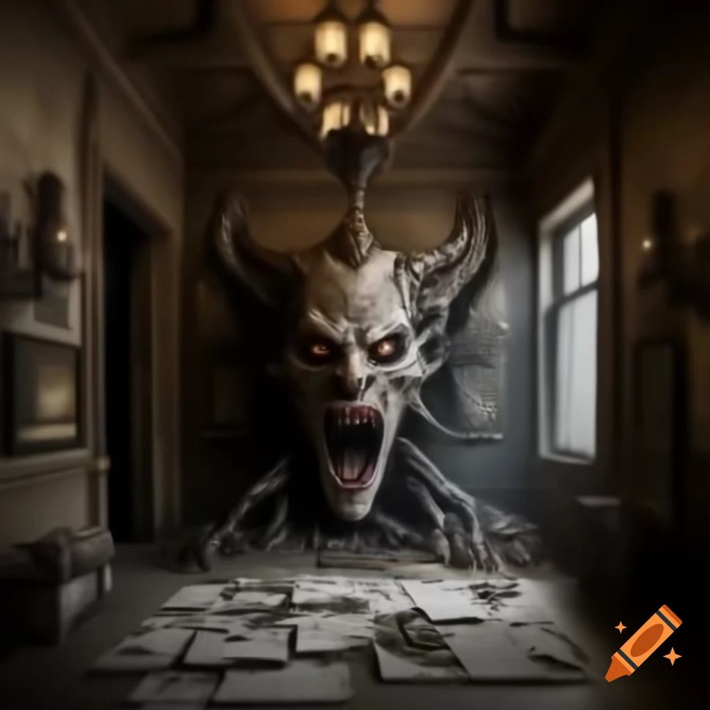 Realistic creepy house interior with demonic drawings on the walls
