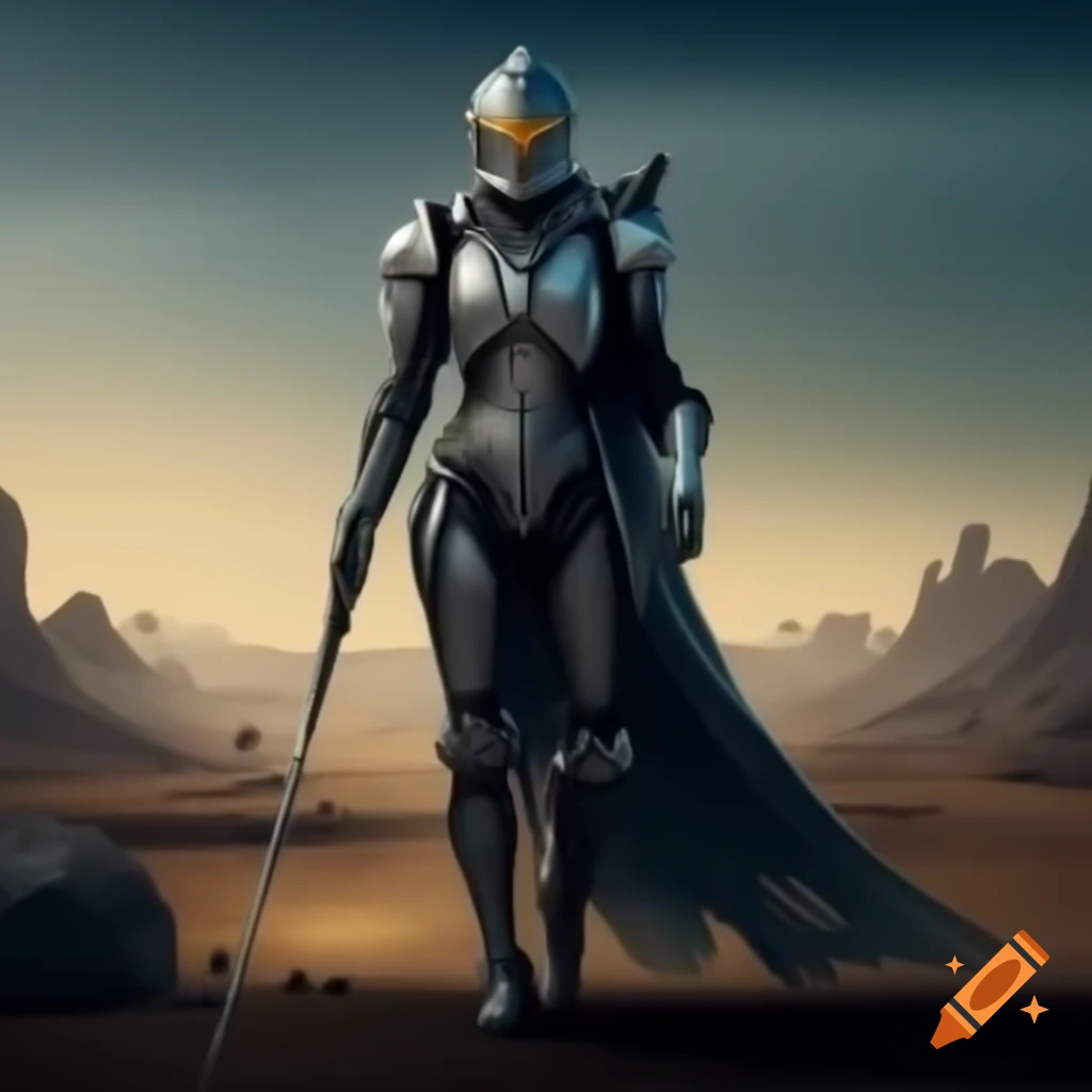 Futuristic knight standing in a wasteland