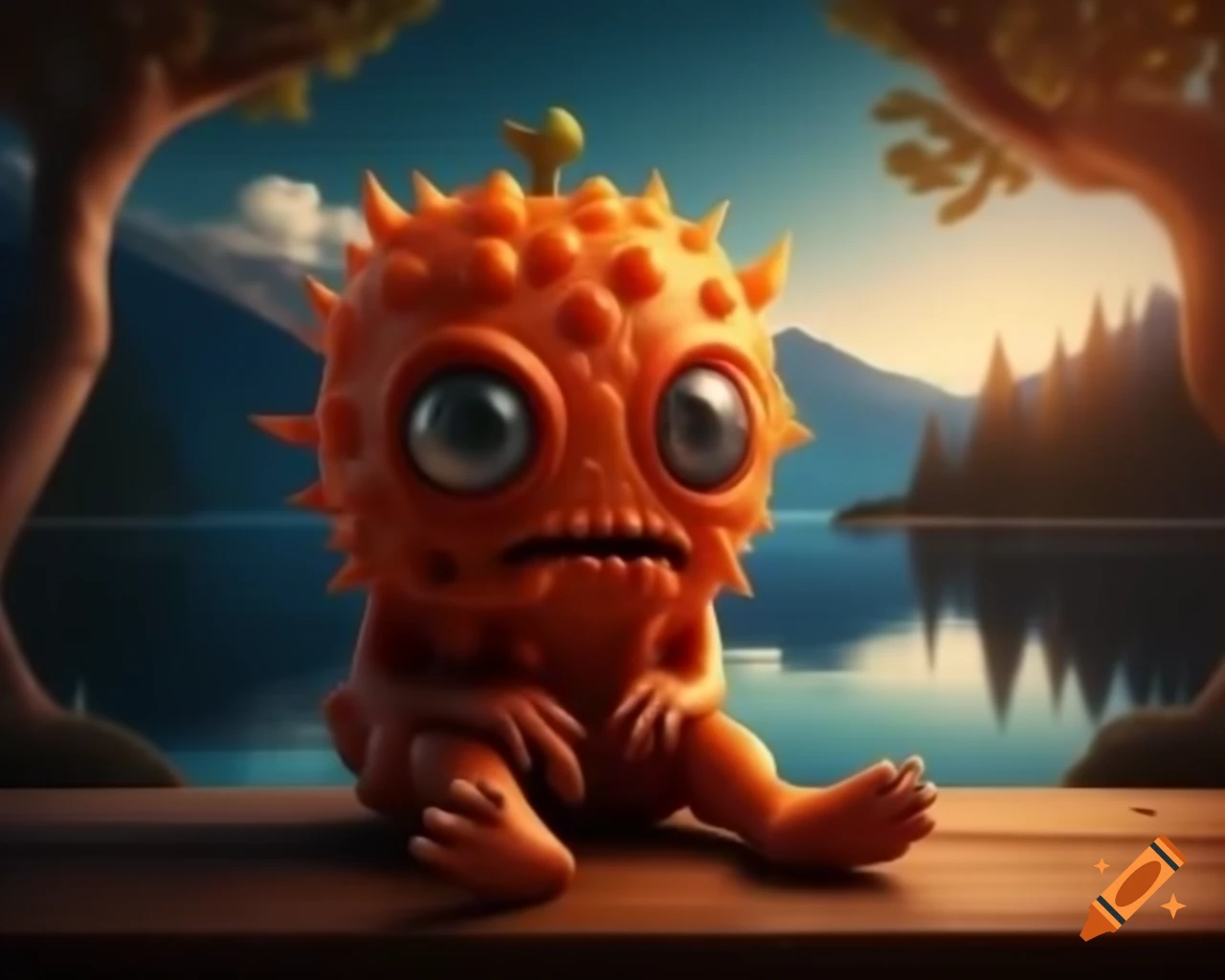 3D image of orange tree monster with human face in forest