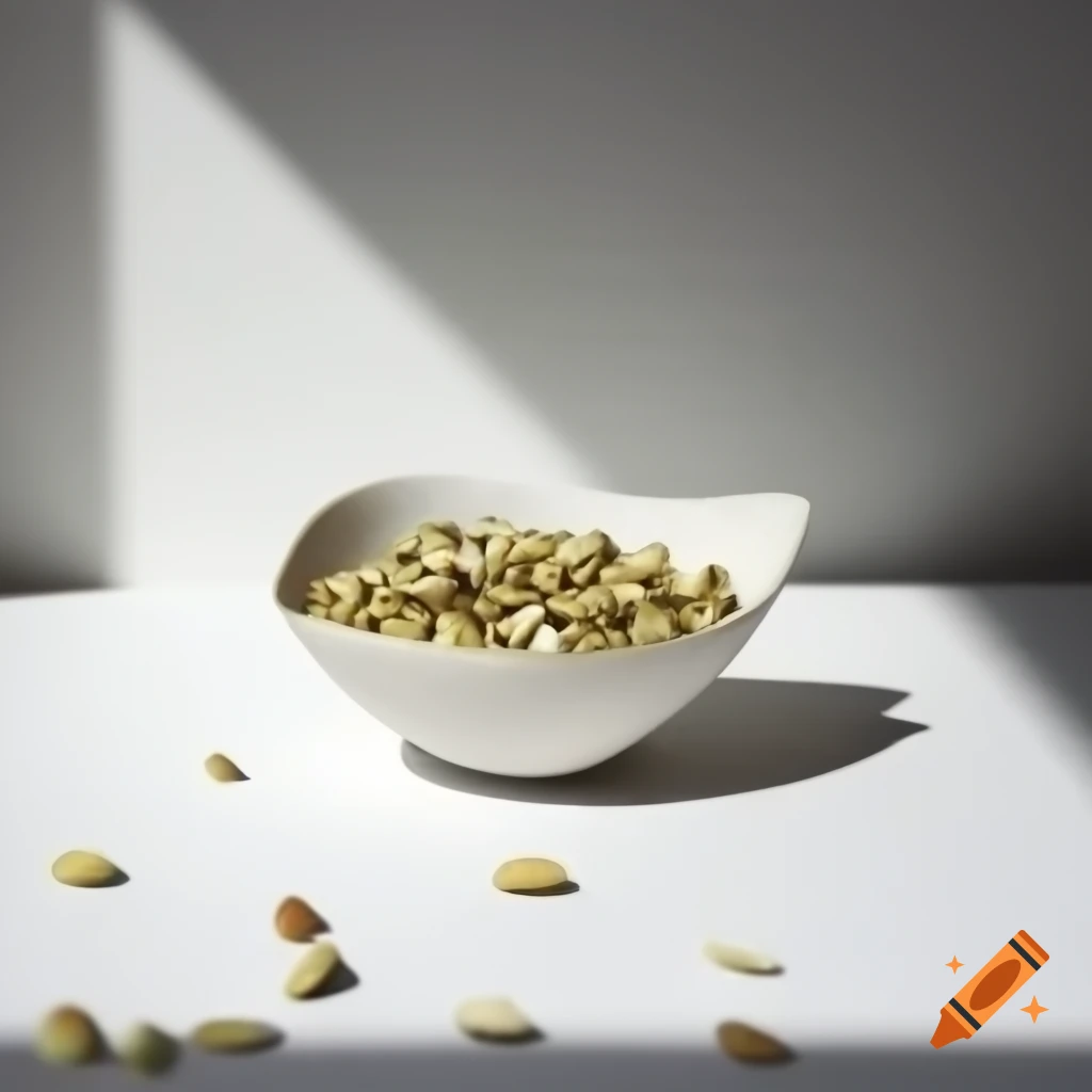 White bowl tilted with pistachios in shells on clean background