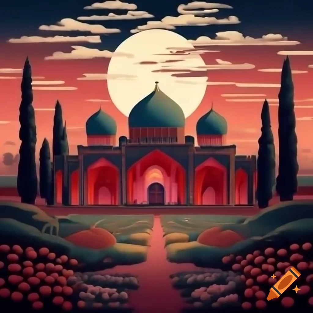 Persian domes and arches in flower garden with cypress trees and detailed moon, ukiyo-e style