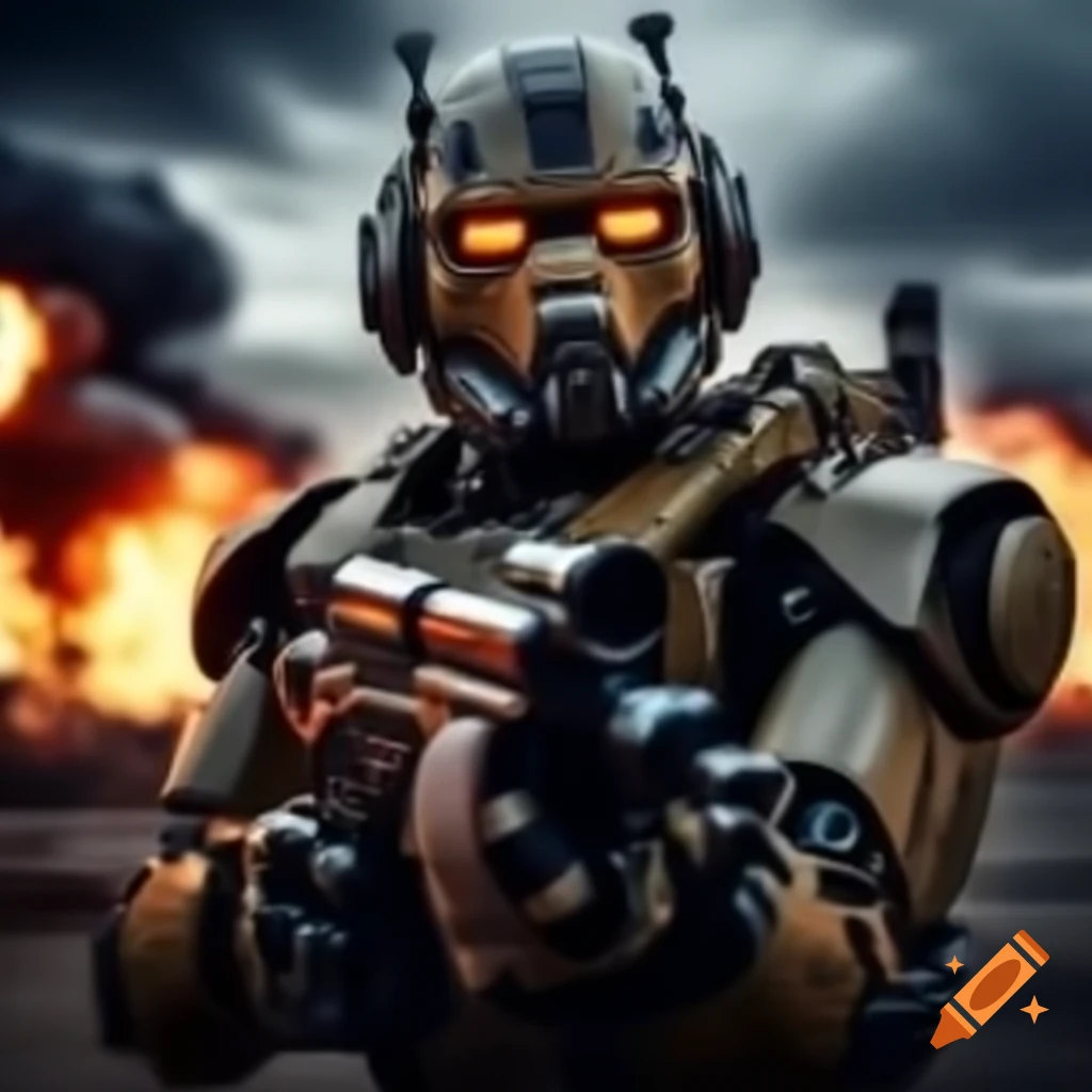 Robot pointing gun with explosions in background