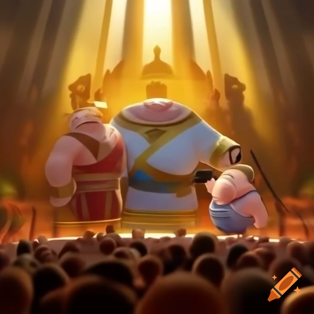 Pixar-style animation of Azaria standing defiant before crowd worshiping golden statue
