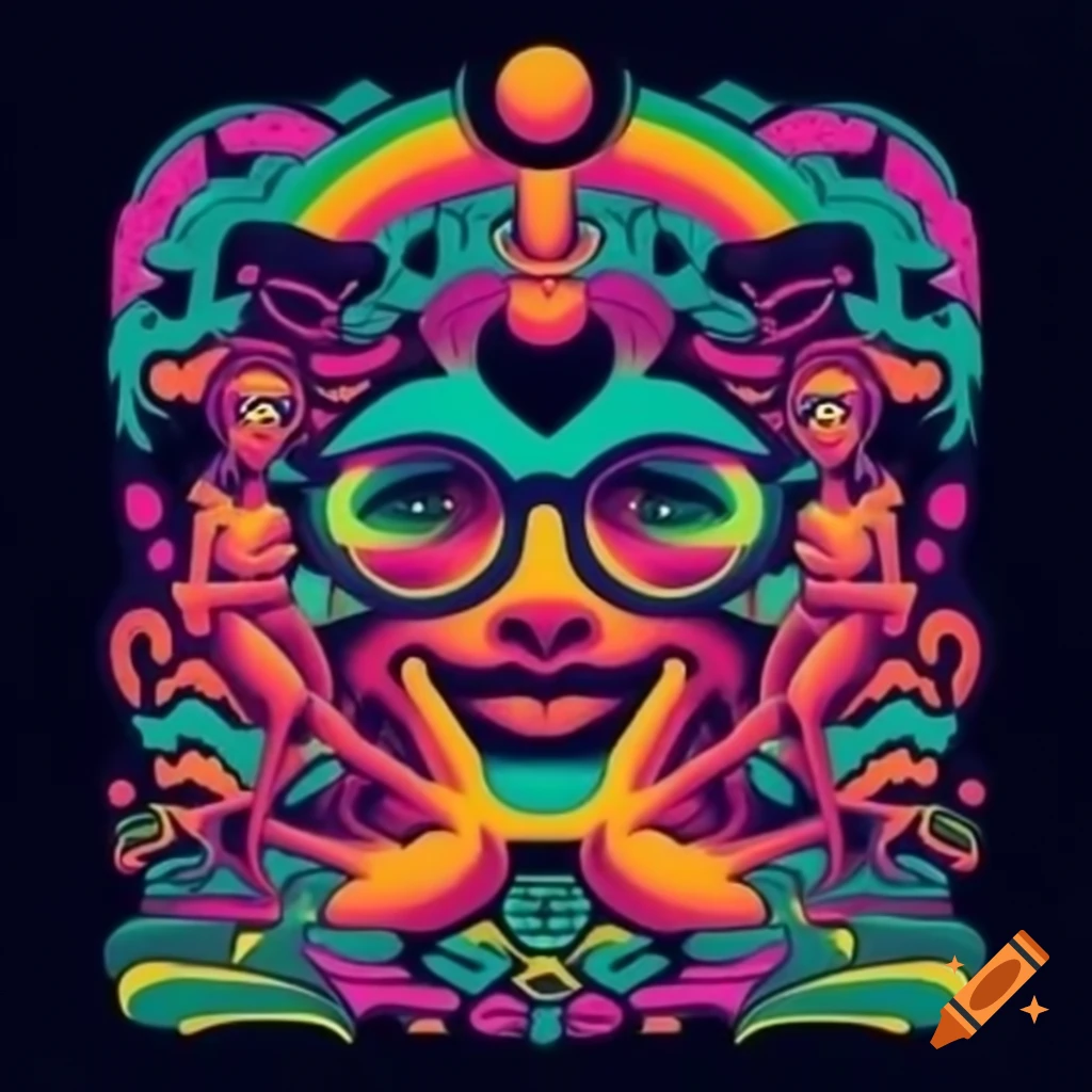 Psychedelic illustration with 1960s elements and techno vibe in bright colors