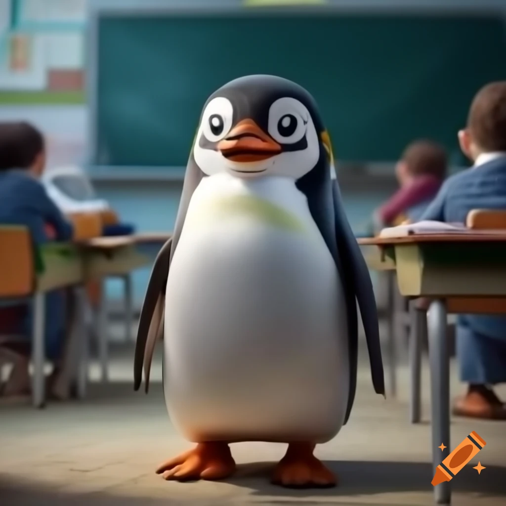 Cute penguin sitting in a classroom environment