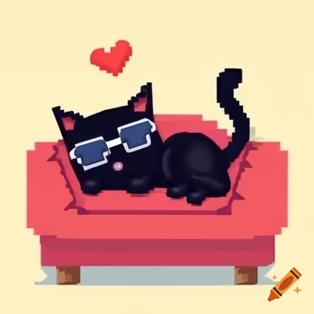 Cartoon pixel art of black cat with sunglasses sleeping on couch