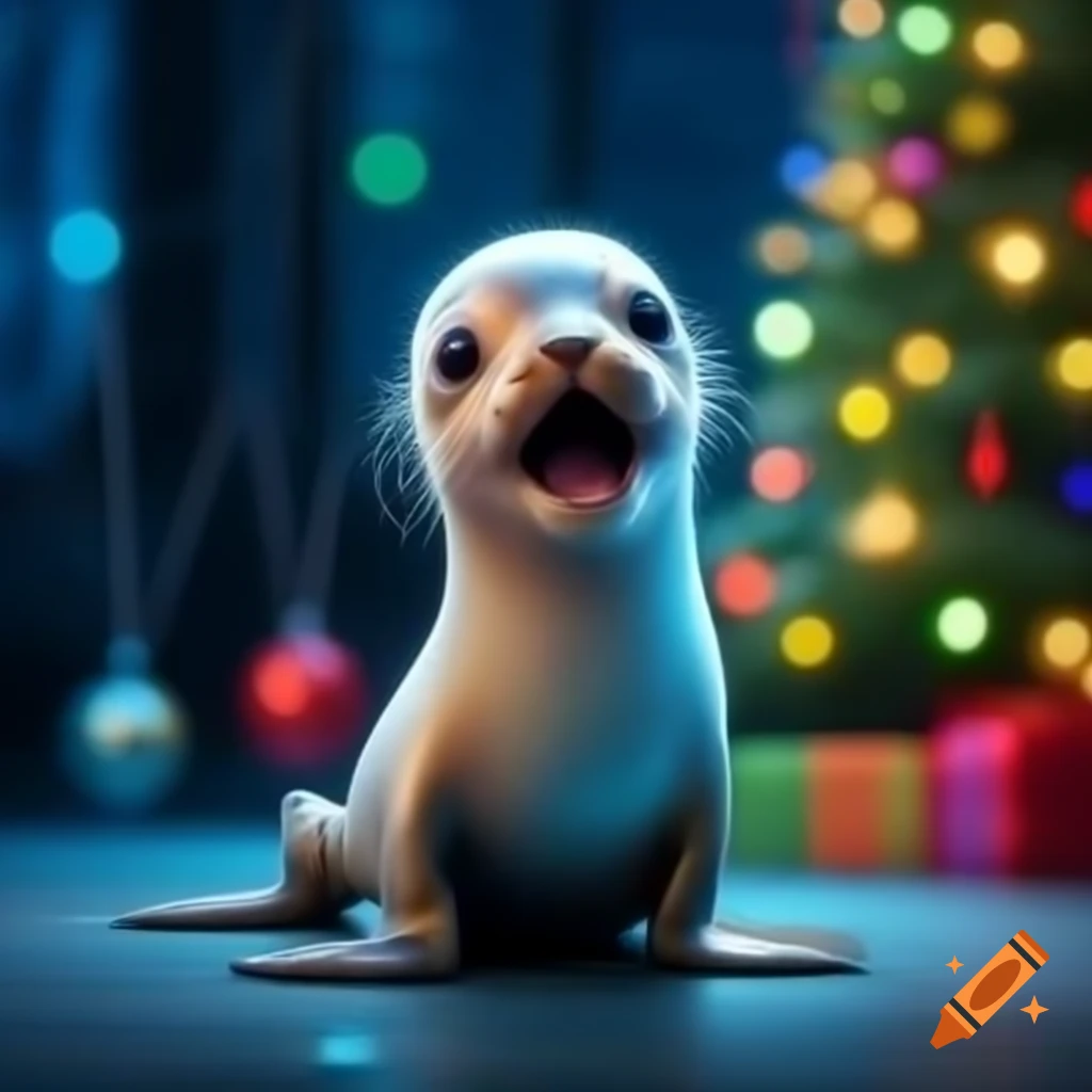 Baby sea lion tangled in colorful Christmas lights in front of Christmas tree