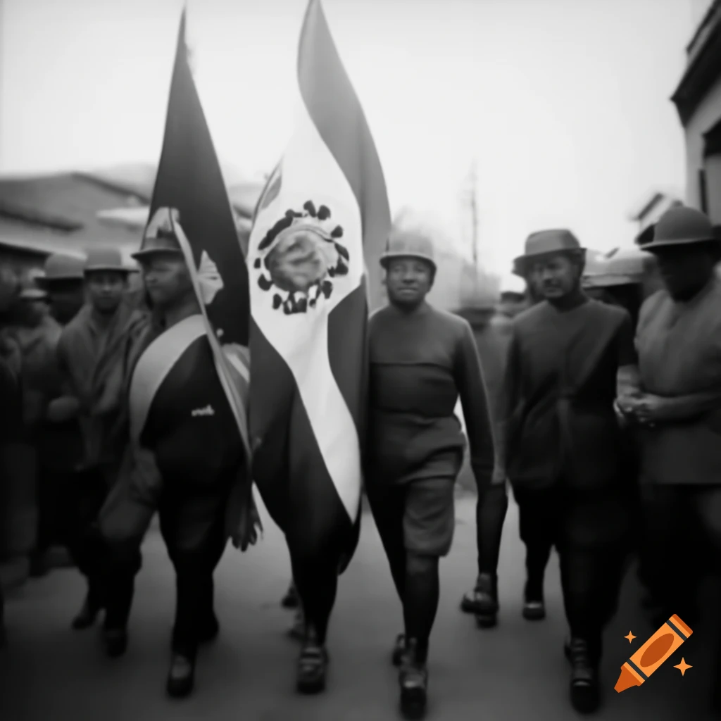 Gathering in Guatemalan town with individuals raising a flag