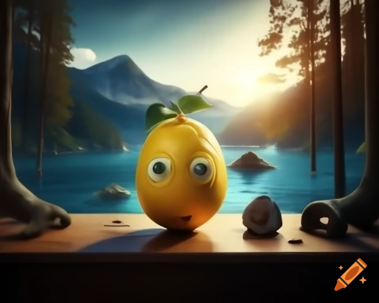 Surreal lemon sculpture with human face in forest setting
